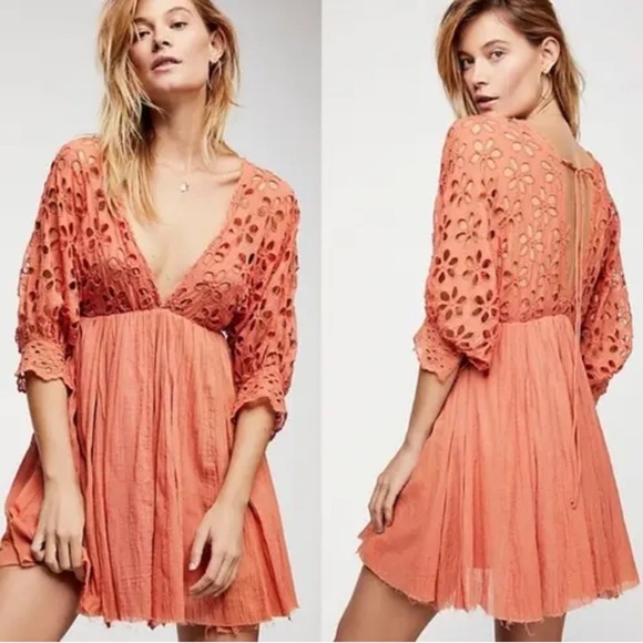 Free People Bella Note Eyelet Mini Lined Flutter Dress. Terracotta Size S #1877 - Picture 2 of 9